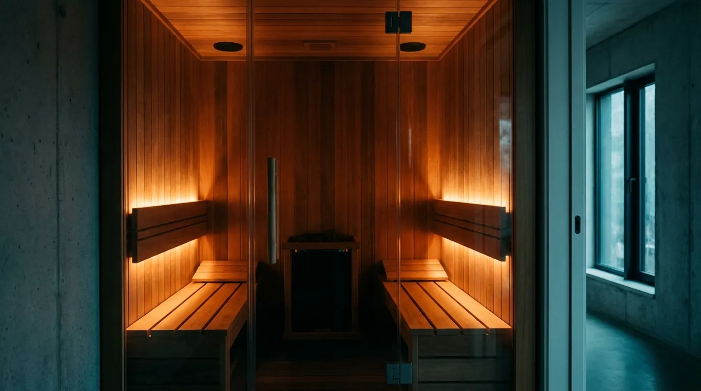 A compact two-person infrared sauna cabin in a modern minimalist home, cedar interior glowing warm through the glass door